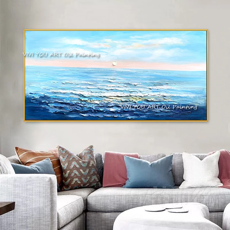 The Peace Blue Sky White Wall Art Canvas Handpainted Cuadro Modern Abstract Painting Water Wall Picture for Home Decor Sea Wave