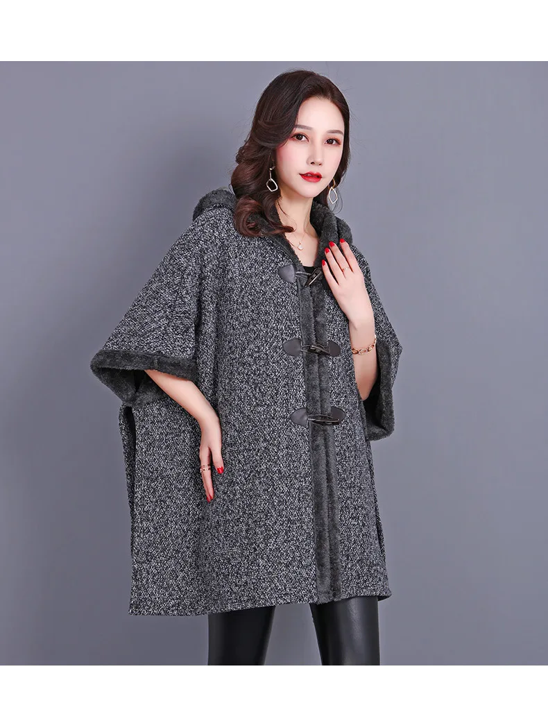 Women  Velvet Thicken Cloak Big Pendulum Cardigan Winter Warm Horn Buckle Overcoat Batwing Sleeves Long Poncho Wear With Hat