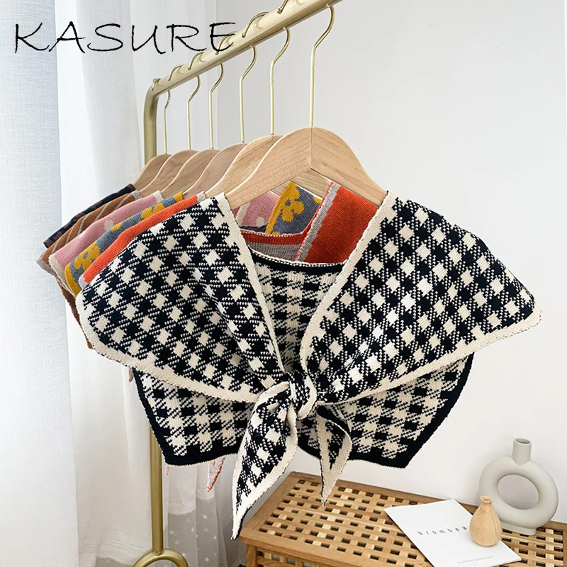 Kasure Knited Solid Shawl Vest Women Autumn Winter Outside False Collar Shawl Plaid Pattern Knotted Shoulder Wrap Cashmere Scarf
