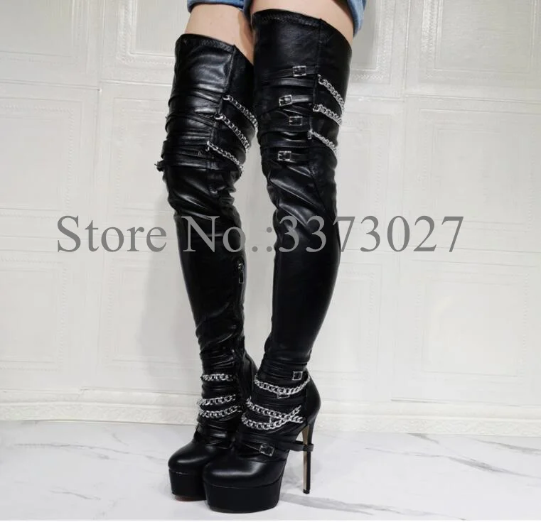 New Black Leather Chains Decor Long Boots Woman Fashion Buckle Strap Platform Thigh High Boots Lady Sexy Winter Shoes Real Photo