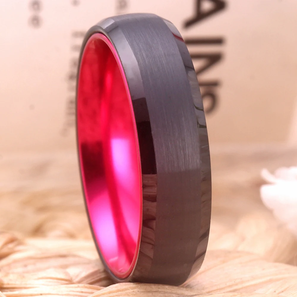 Rings For Women 6MM Wedding Ring Black Tungsten with Pink Aluminum Ring Tungsten Engagement Ring for Men Anniversary Party Rings