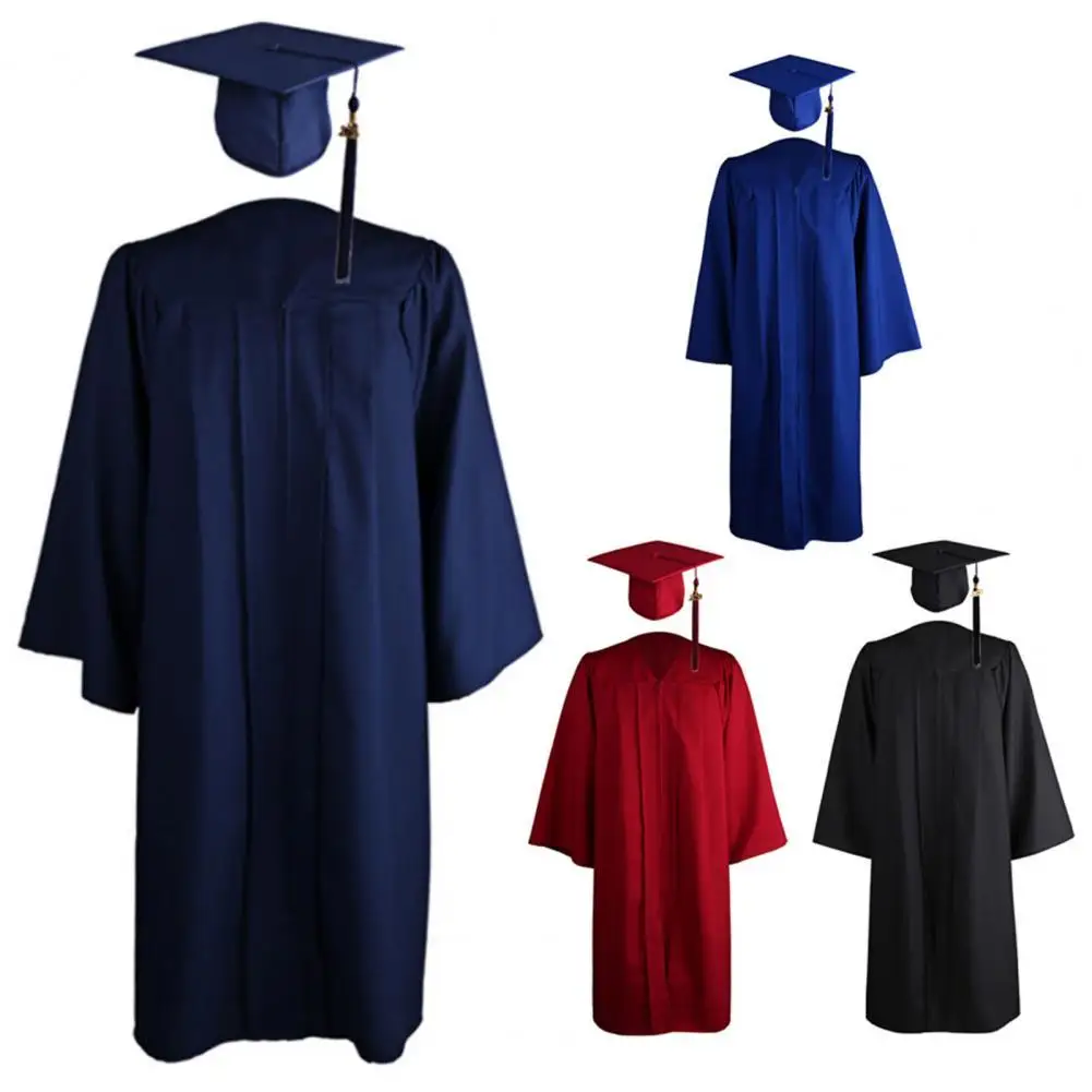 2023 Graduation Gown Solid Color Zipper Closure Unisex V Neck Pleated Robe Hat Set University Academic Graduation Gown