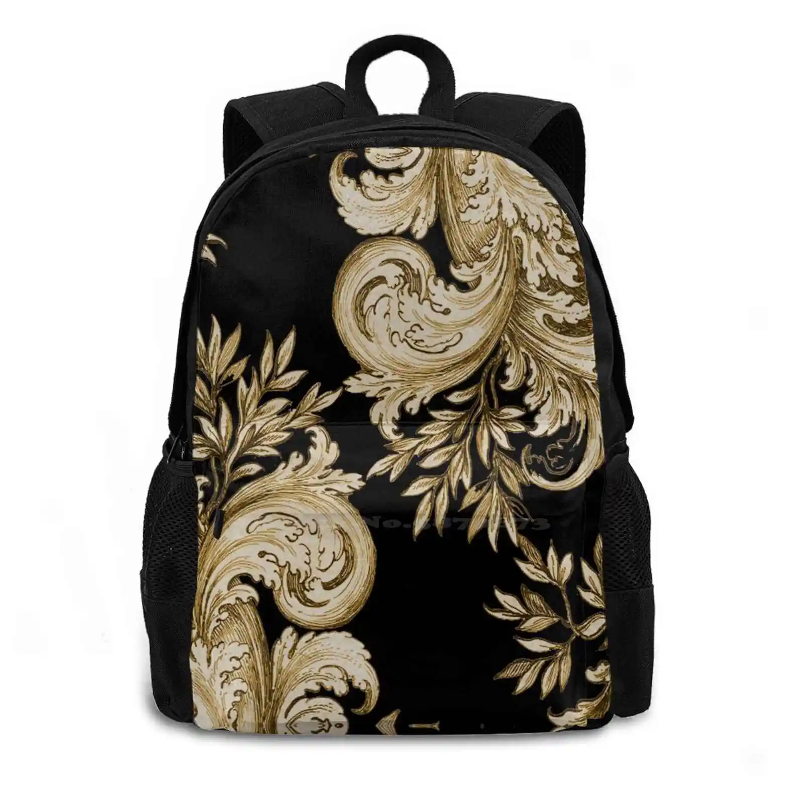 Gold On Black Swirl School Bags For Teenage Girls Laptop Travel Bags Gold Black Vintage Swirl Baroque Rococo Engraving Elegant