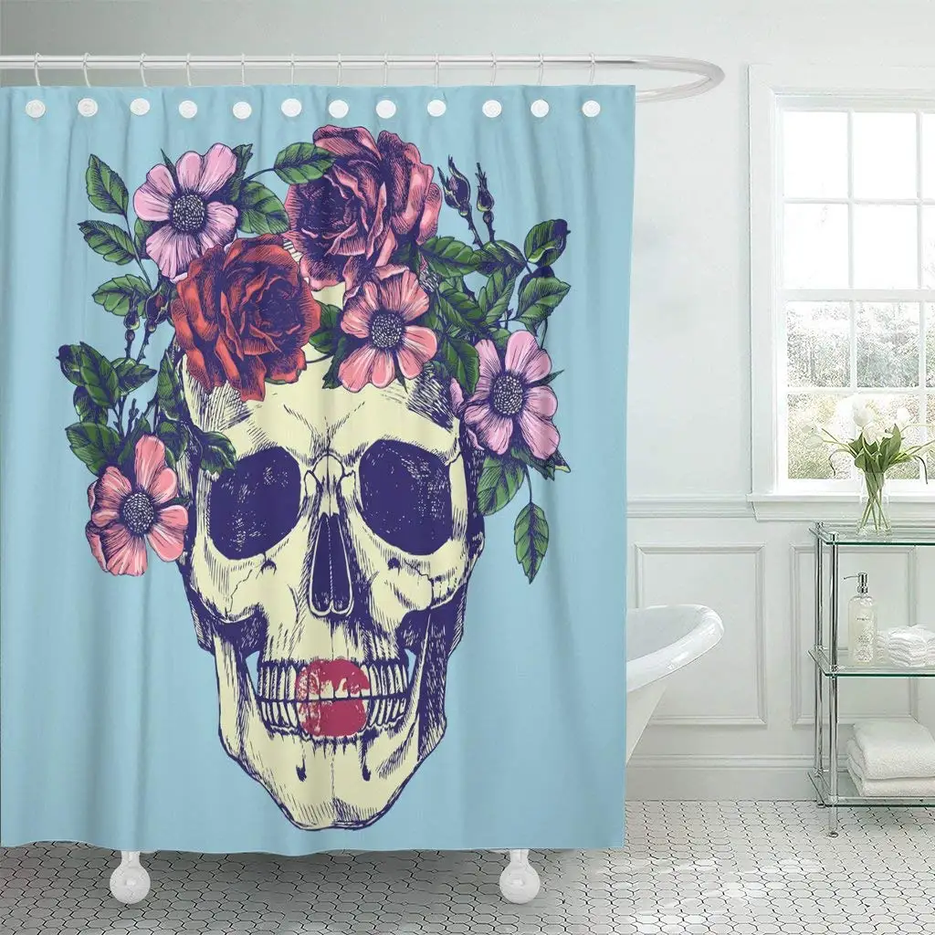 Sugar Human Skull and Flower Wreath Los Muertos Kiss Shower Curtain Waterproof 72 x 78 Inches Set with Hooks