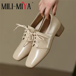 MILI-MIYA Concise Design Women Cow Leather Pumps Casual Lace Up Solid Color Round Toe Thick Heels Plus Size 34-43 Handmade For L