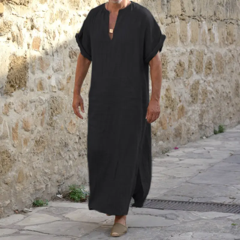 Мусульманский Арабский Кафтан Jubba Thobe для мужчин, льняной хлопковый однотонный халат с коротким рукавом и капюшоном, мусульманская одежда Дубая для Ближнего Востока, Abaya Homme