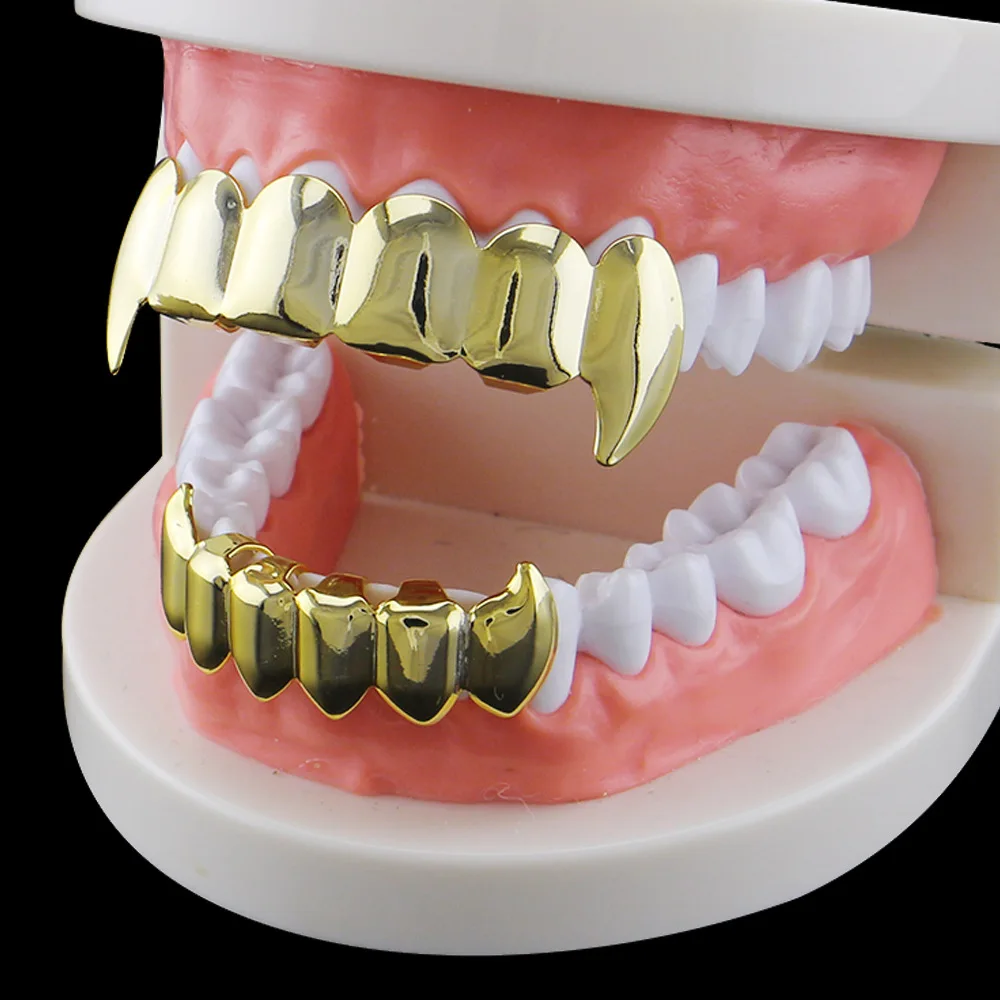 Black Gold Color Plated Hip hop Teeth Grill Top & Bottom Grill Hip Hop Bling Rose Gold Silver Color Vampire Teeth for Halloween