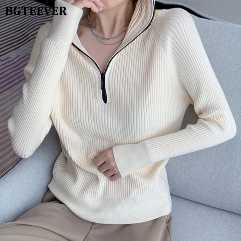 BGTEEVER Chic Hooded Zippers Ladies Knitted Sweaters Full Sleeve Loose Solid Female Pullovers Jumpers 2021 Autumn Winter