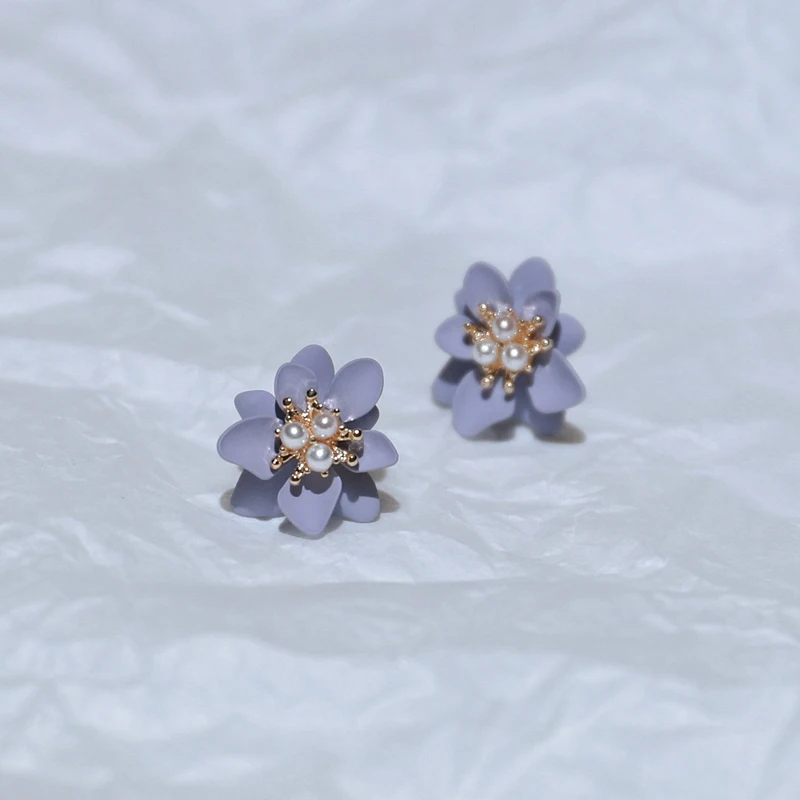 Ears Clips Temperament Korean Style Summer Sweet Gray Small Purple Flowers Pearl Clip Earrings Without Piercing