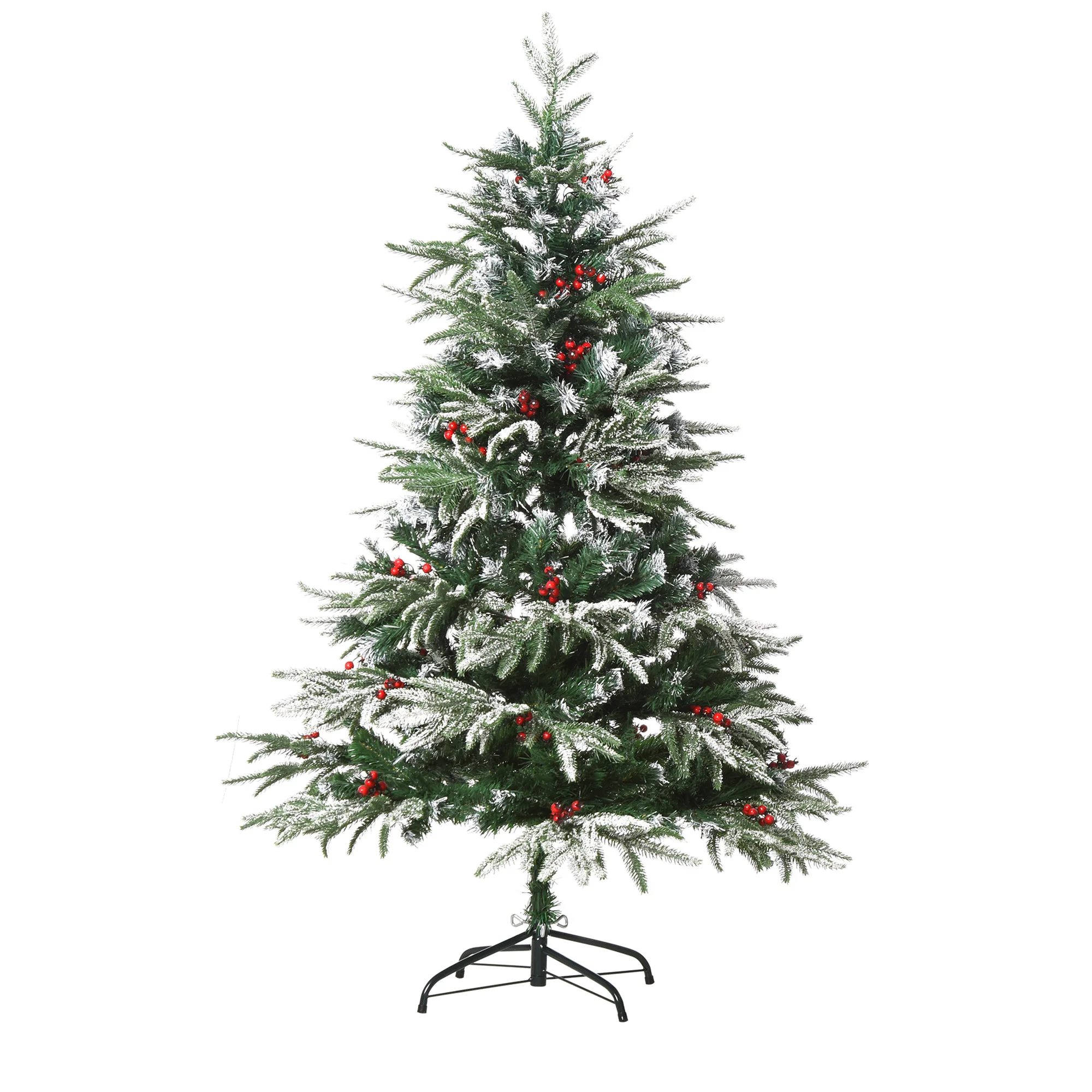 HOMCOM 150 cm Height Artificial Christmas Tree With 56 Berries 451 PE and PVC Branches Folding Base and Christmas Metal Stand