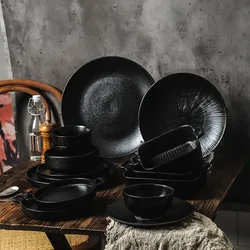 Simple Matte Black Glaze Ceramic Dinnerware Set Porcelain Party Tableware Set Sushi Plate Coffee Mug Rice Bowl Bake Pan For Oven