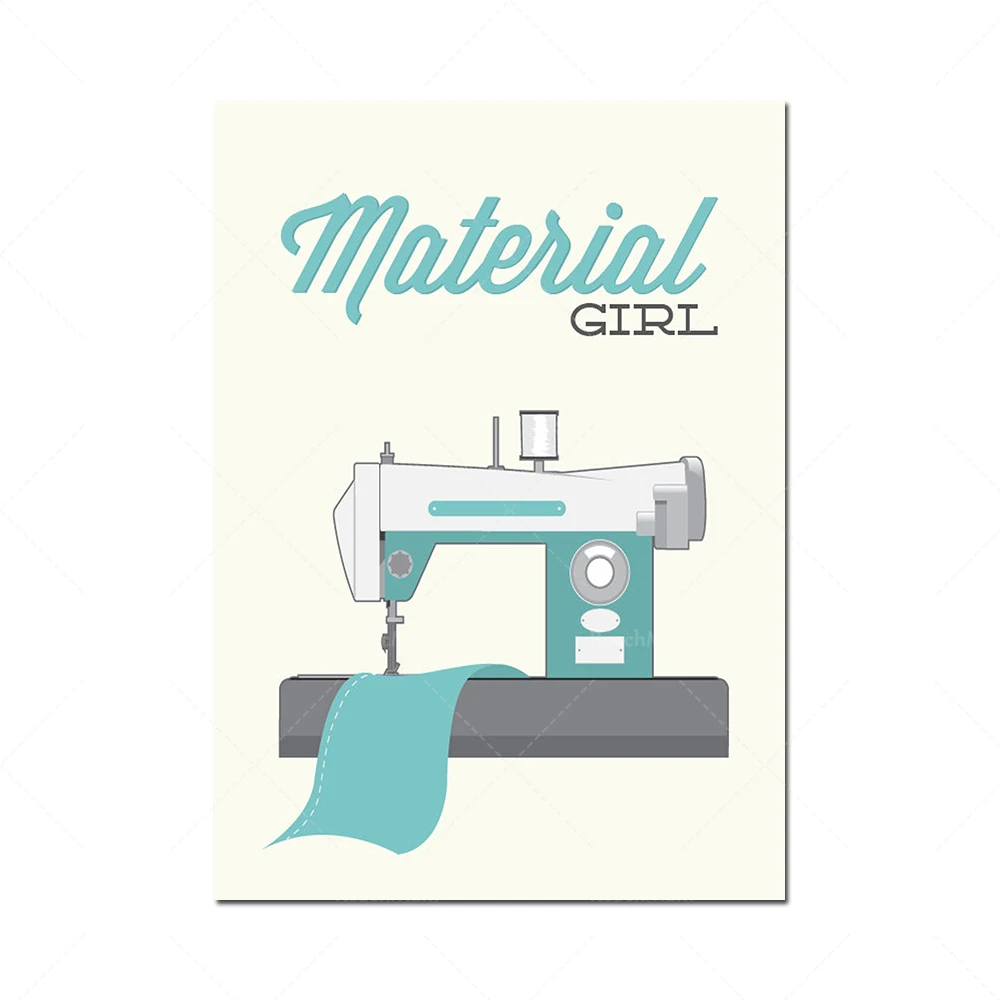 Craft room print material girl wall art modern retro sewing machine needlepoint stitch needlework watercolor funny poster