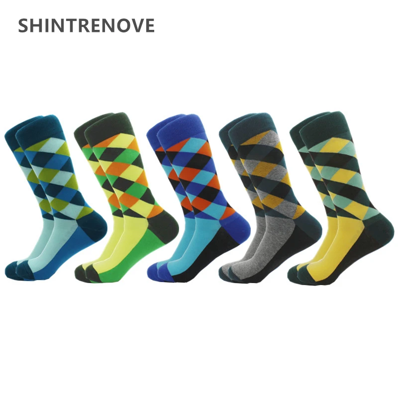 

5 Pairs/Lot Funny Men Combed Cotton Socks Color Happy Casual Dress Fashion Sock Classic Diamond Compression Man Socks