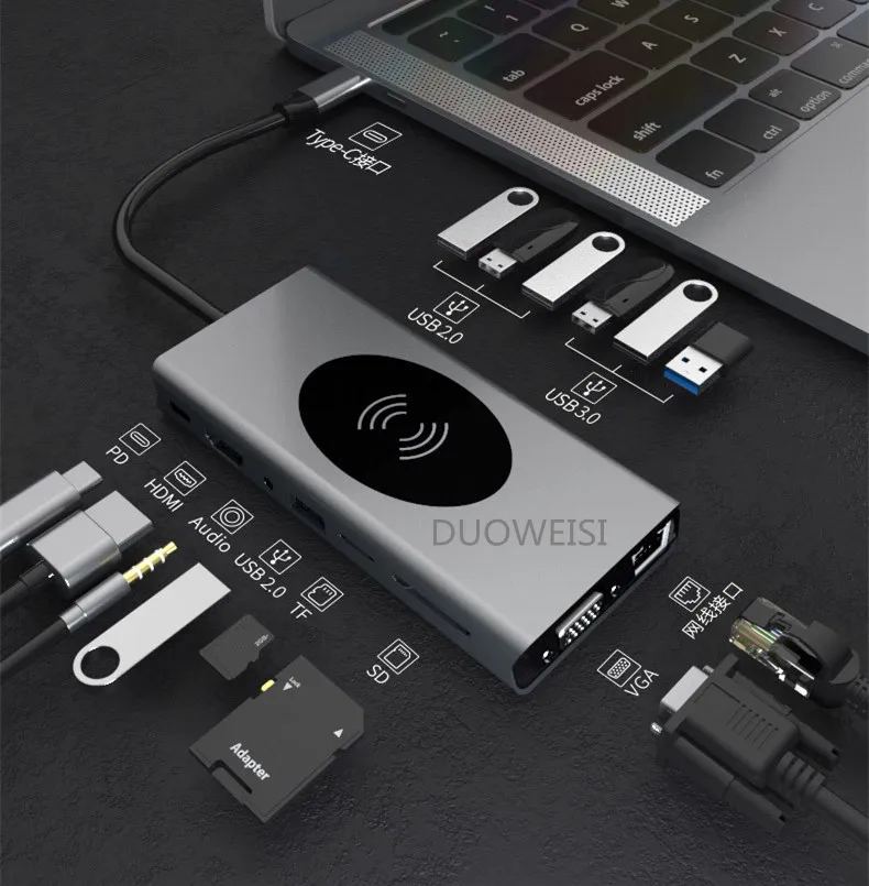 

15 in 1 USB-C HUB Type C Converter USB Hub Docking Station Wireless Charger USB 3.0 HDMI TF Card Reader PD interface VGA