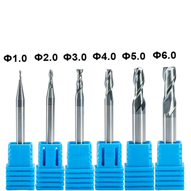 6pcs 2F Two Flute HRC55 Tungsten Solid Carbide Coated CNC Router Metal Iron Aluminum Steel End Mill Milling Cutter 1,2,3,4,5,6mm