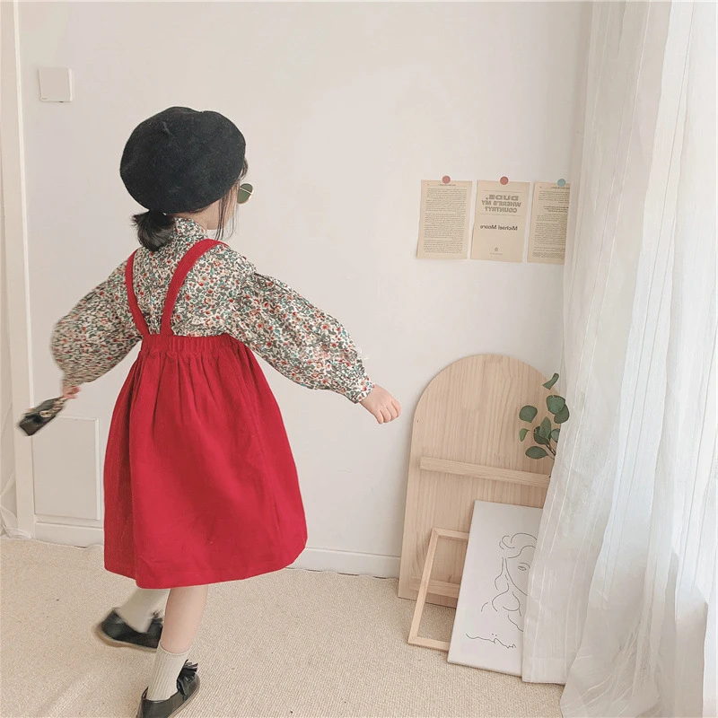 Girls Children\'s Clothing Sets 2024 Autumn New Girl Suit Baby Kids Small Fresh Floral Shirt +Strap Skirt Fashion Kids Outfits