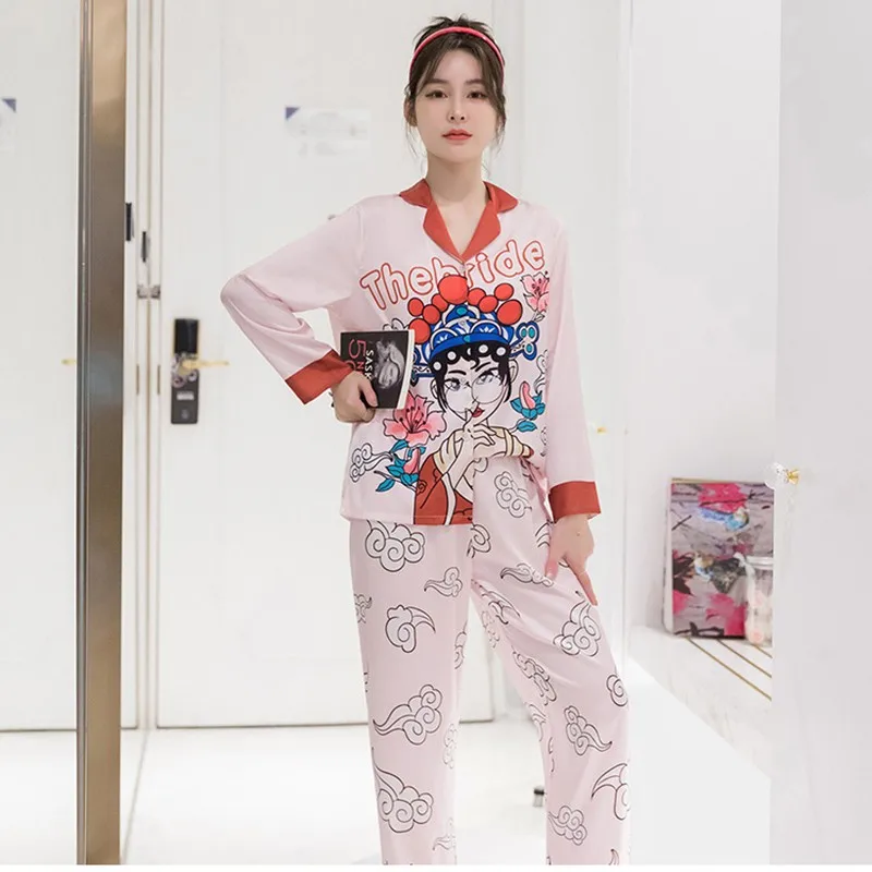 

Chinese Style 2PCS Sleepwear Women Pajamas Set Print Shirt&Pant Retro Pijamas Suit Casual Satin Lapel Sleep Set Home Clothes