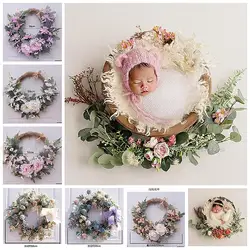 Newborn Photography Props Accessories Simulation Rose Flower Wreath Lintel Rattan Decoration Baby Girl Birthday Photo Background