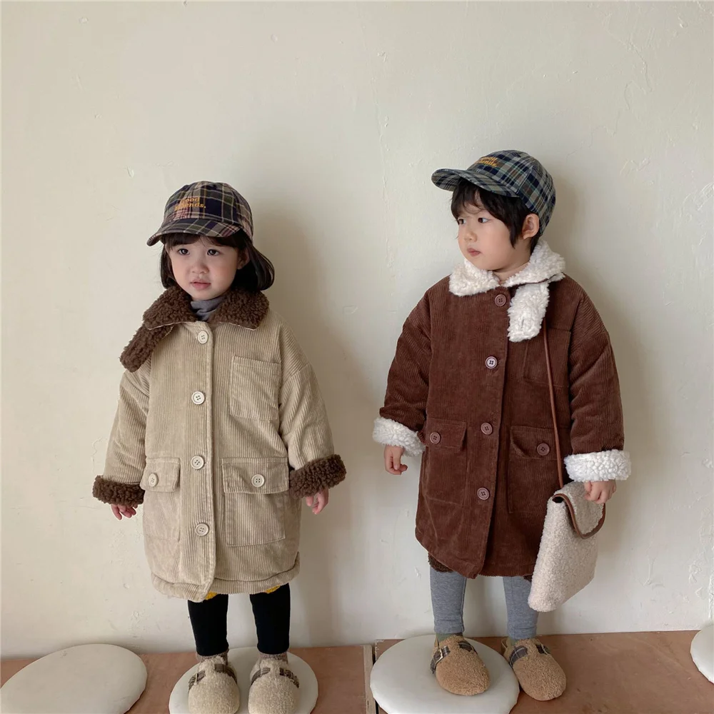 Korean style 2021 winter unisex kids thick corduroy long style coats 2-6 years children inner berber Fleece warm outwear coat