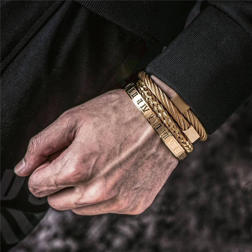 Luxury Roman Number Charm Woven Stainless Steel Bracelet Hip Hop Men Jewelry Gold Color Jewelry For  Men Pulseira Bileklik image 2