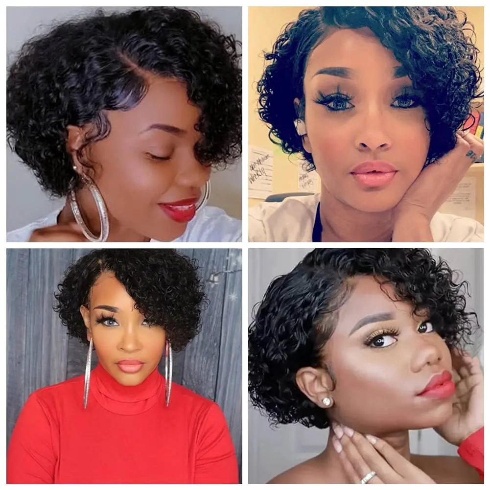 FAVE partie de dentelle courte Bob perruque coupe lutin perruque frisée sans colle vague profonde brésilienne Remy perruque de cheveux humains couleur noire naturelle pour les femmes