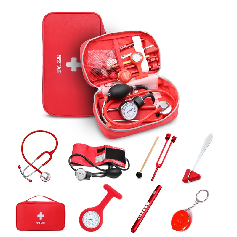 Red Medical Kit Health Monitor Bag Pouch Set with Stethoscope Manometer Tuning Fork LED First Aid Penlight Torch Reflex Hammer