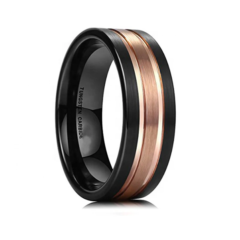 8MM Mens Tungsten Carbide Ring Two-Tone Black Rose Gold Plated Brushed Finish Comfort Fit Fashion Jewelry