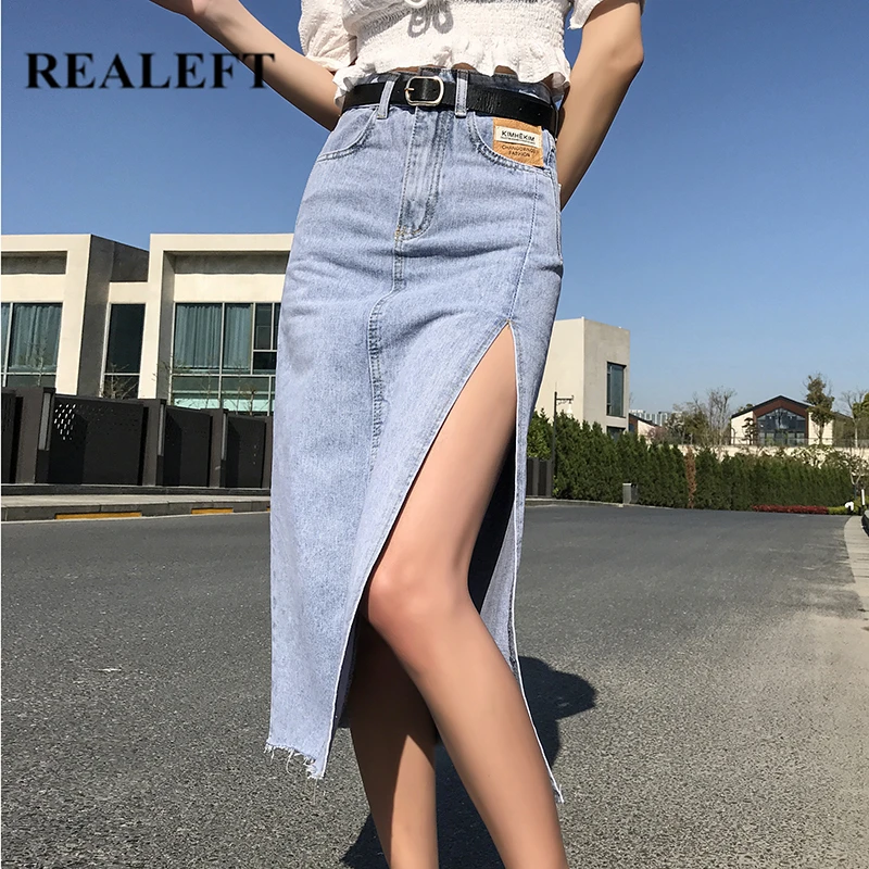 REALEFT Summer 2021 New Side Split Women's Long Denim Skirts with Belted Vintage High Wasit Straight Female A-line Jeans Skirt