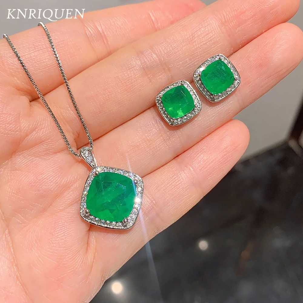 2021 Trend Created Emerald Gemstone Stud Earrings Pendant Necklace Charms Lab Diamond Wedding Fine Jewelry Set for Women Gifts