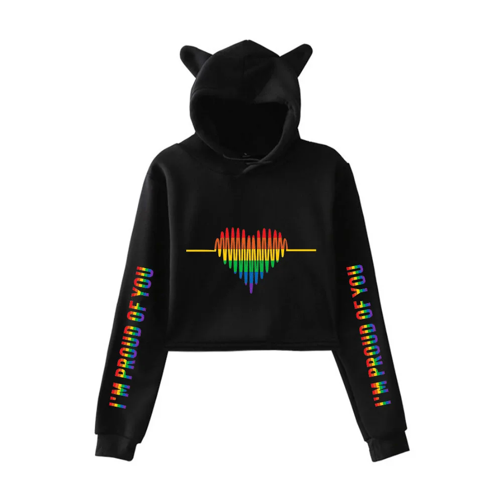 Atasan Crop Hoodie LGBT Pride Kawaii Love Wins Lesbian Gay Biseksual Kaus Pendek Potongan Telinga Kucing Lucu Atasan Pullover Bertudung