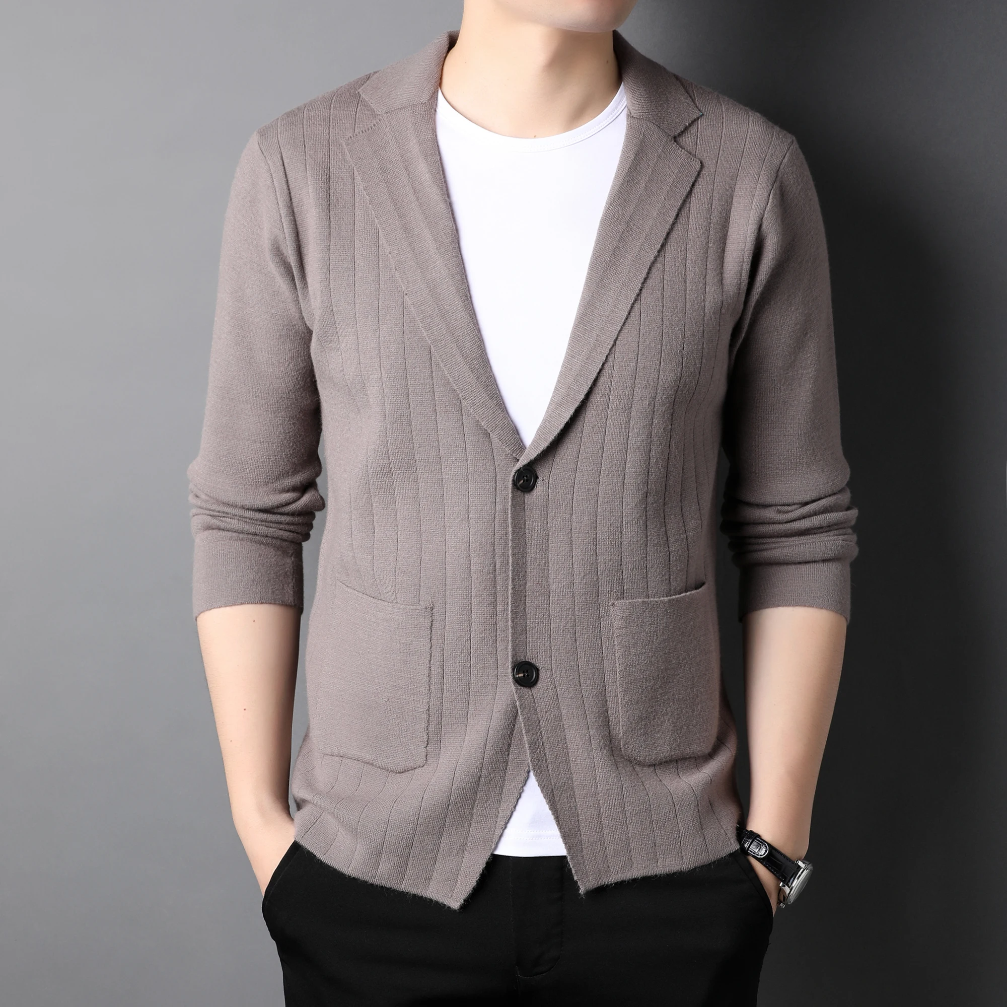 New Design Men's Blazer Coat Autumn & Spring Single Breasted Sweater Cardigan Korean Fashion Male Pockets Knit Jacket Outfit