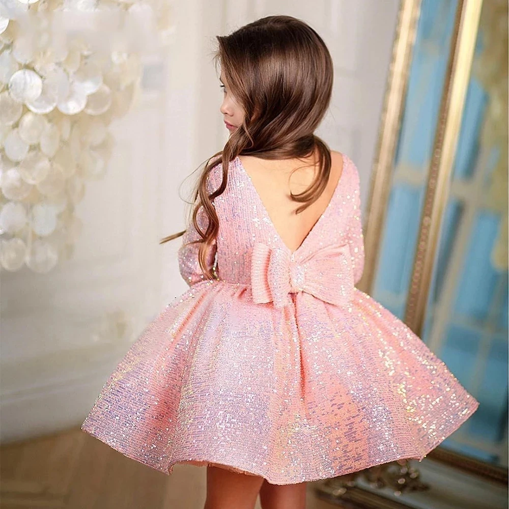 

Pink Charming Flowers Girls Dresses Pleat Bateau Bows Full Sleeve Backless Ball Gowns Noiva Do 2021 New Party Birthday