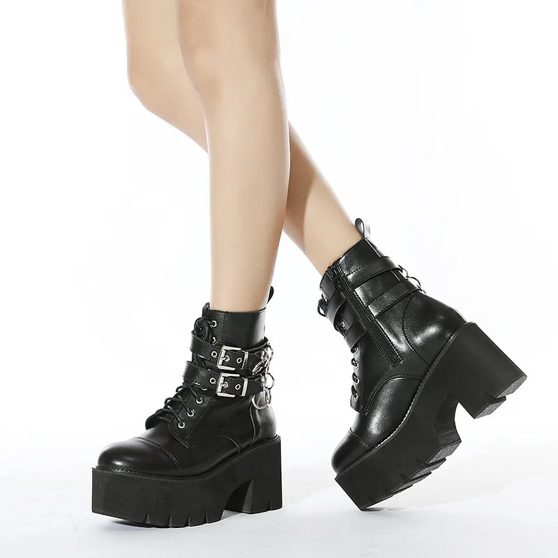 New Women Leather Autumn Boots Block Heel Gothic Black Punk Style Platform Shoes Female Footwear High Quality Boots Women