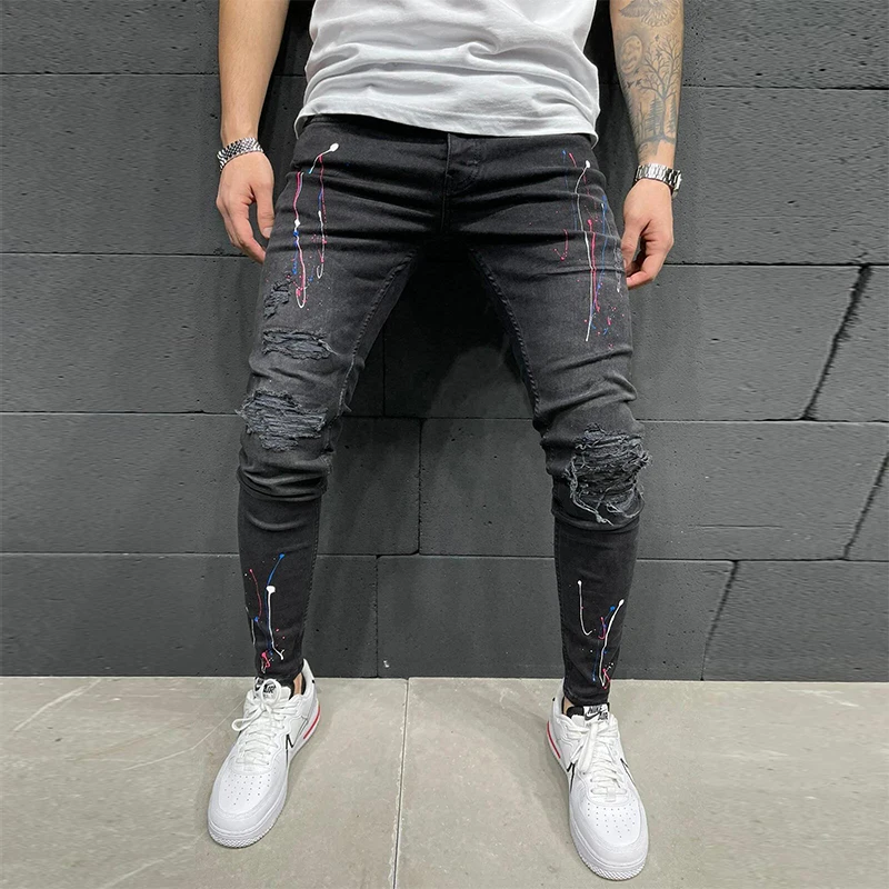 

Fashion Mens Paint Printing Ripped Skinny Jeans Patchwork Slim fit Biker Pencil Pants Hip Hop Jeans Male Casual Denim Trouses