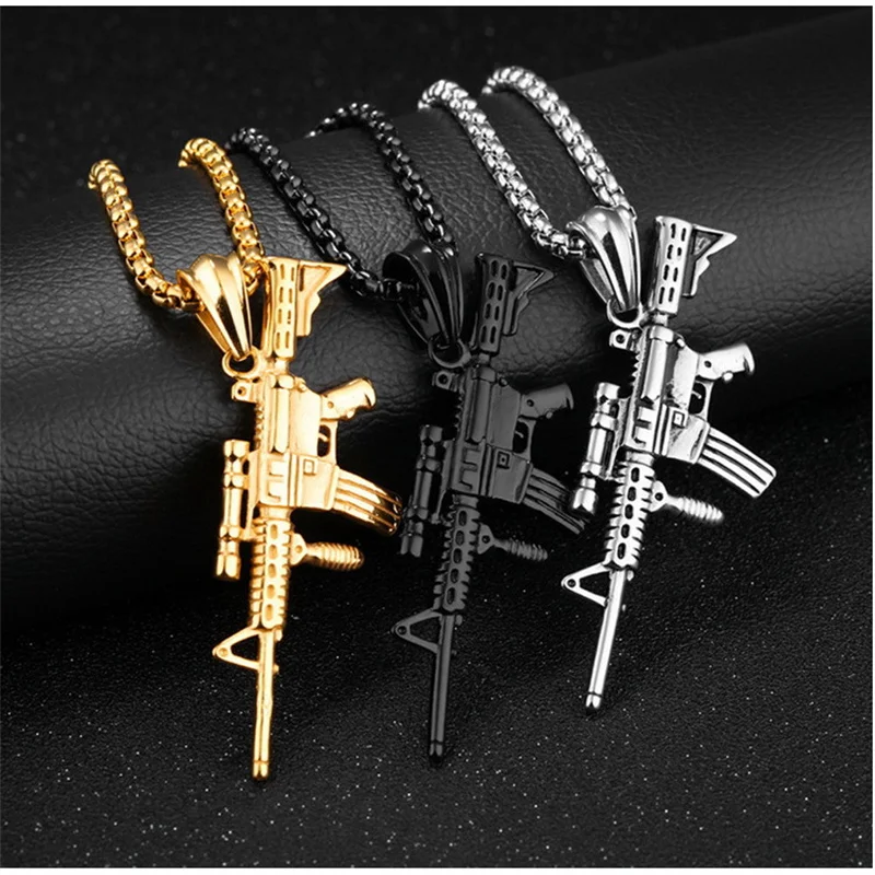 2021 New Army Fan Fashion Titanium Steel Necklace Hip Hop Exquisite Silver Gold AK47 Gun Pendant Necklace Couple Accessories