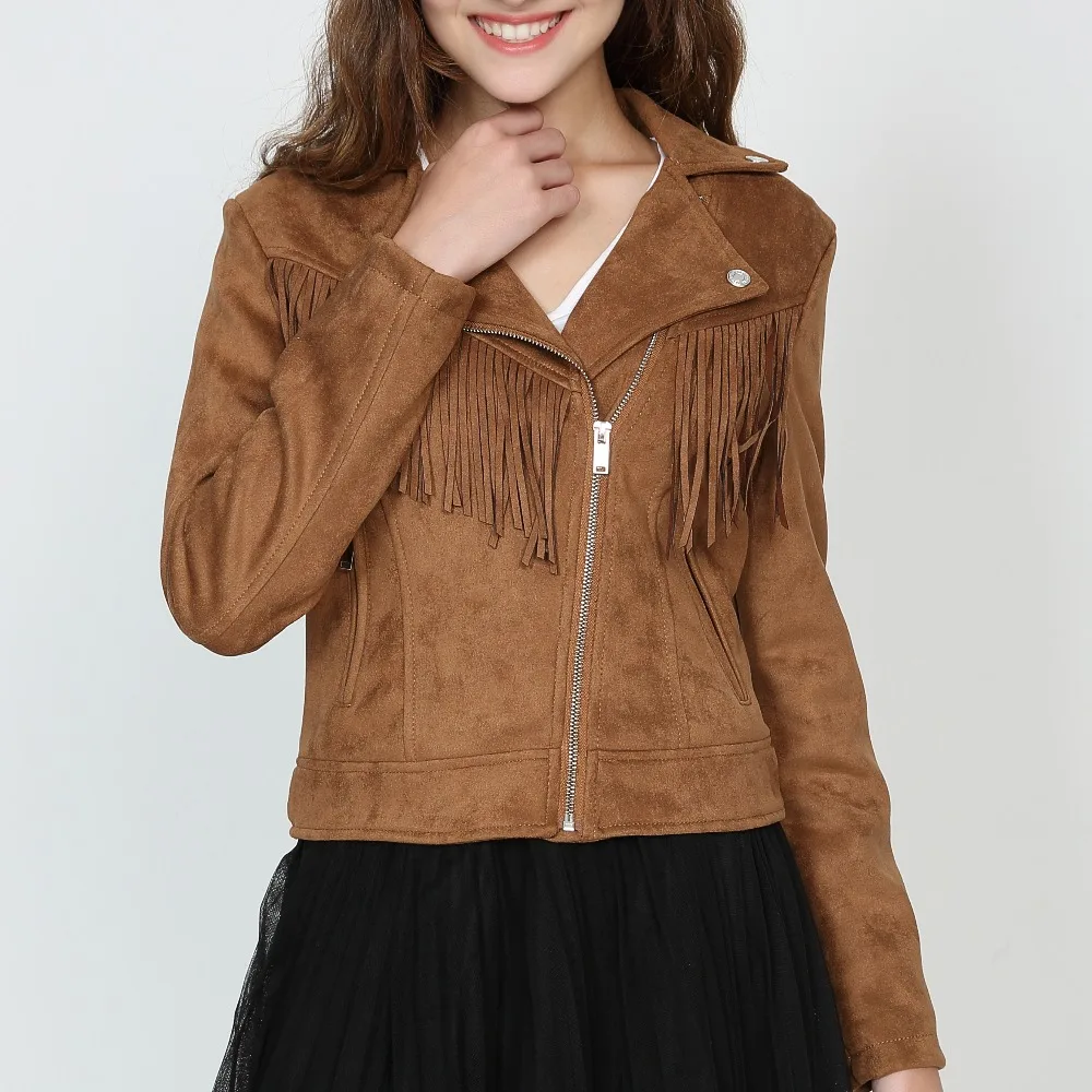 

Spring Casual Fashion brand Tassels Artificial Suede Leather Slim Women Short Jacket Thin Coat Chaquetas Mujer brown pink coats