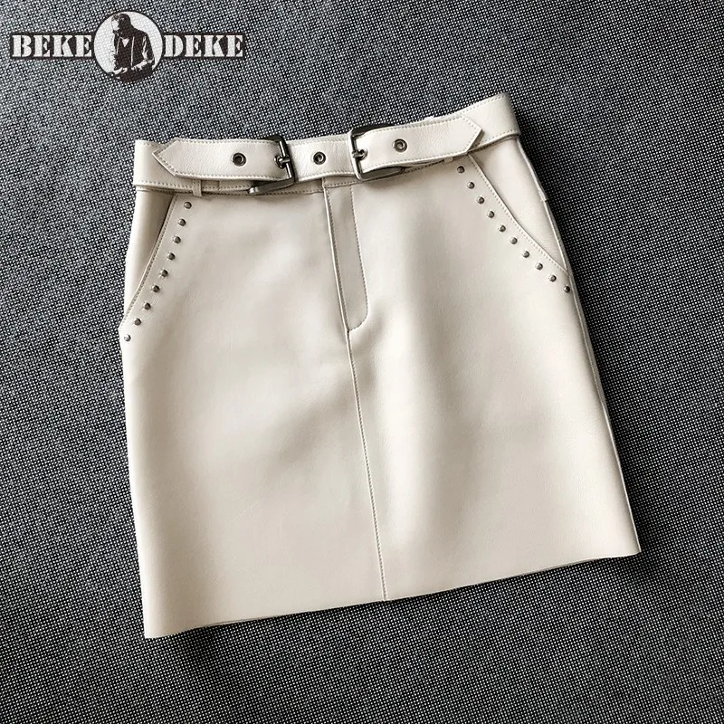 Sexy A-Line Slim Fit Wrap Skirt Women Sashes Rivet Pocket Sheepskin Genuine Leather Mini Skirt Street Punk White Black Skirts