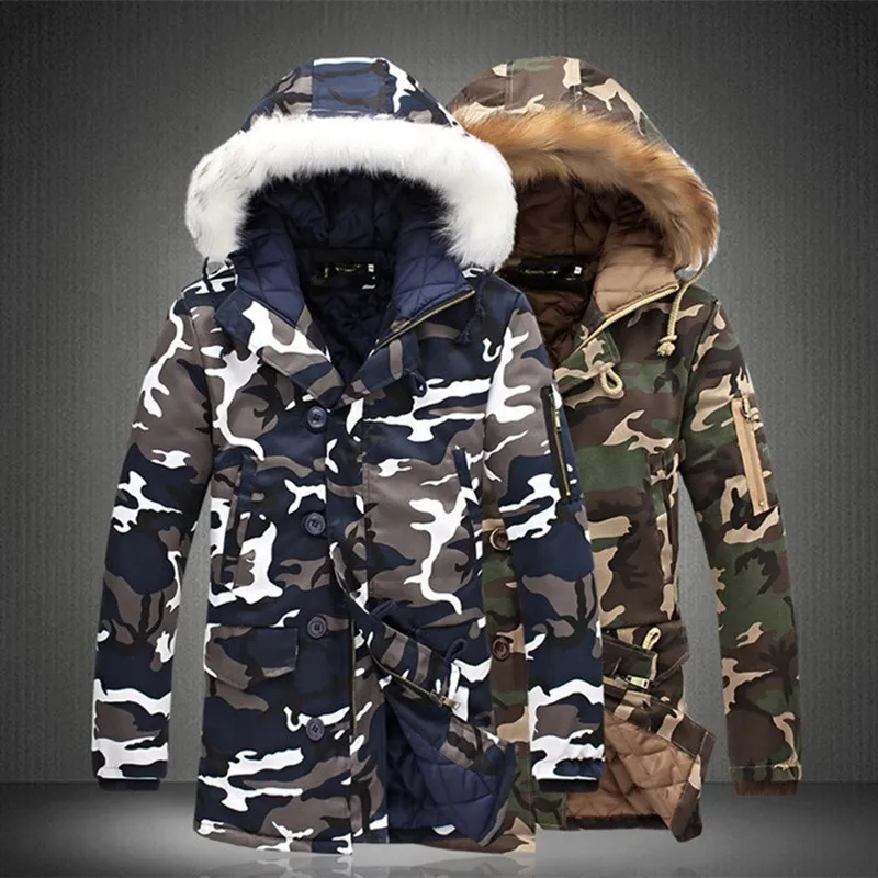 

2021 Men's Woolen Coat Mid Long Hooded Camouflage Cotton Padded Jacket Mid-Length Woolen Windbreaker Jacket Winter Men Coat