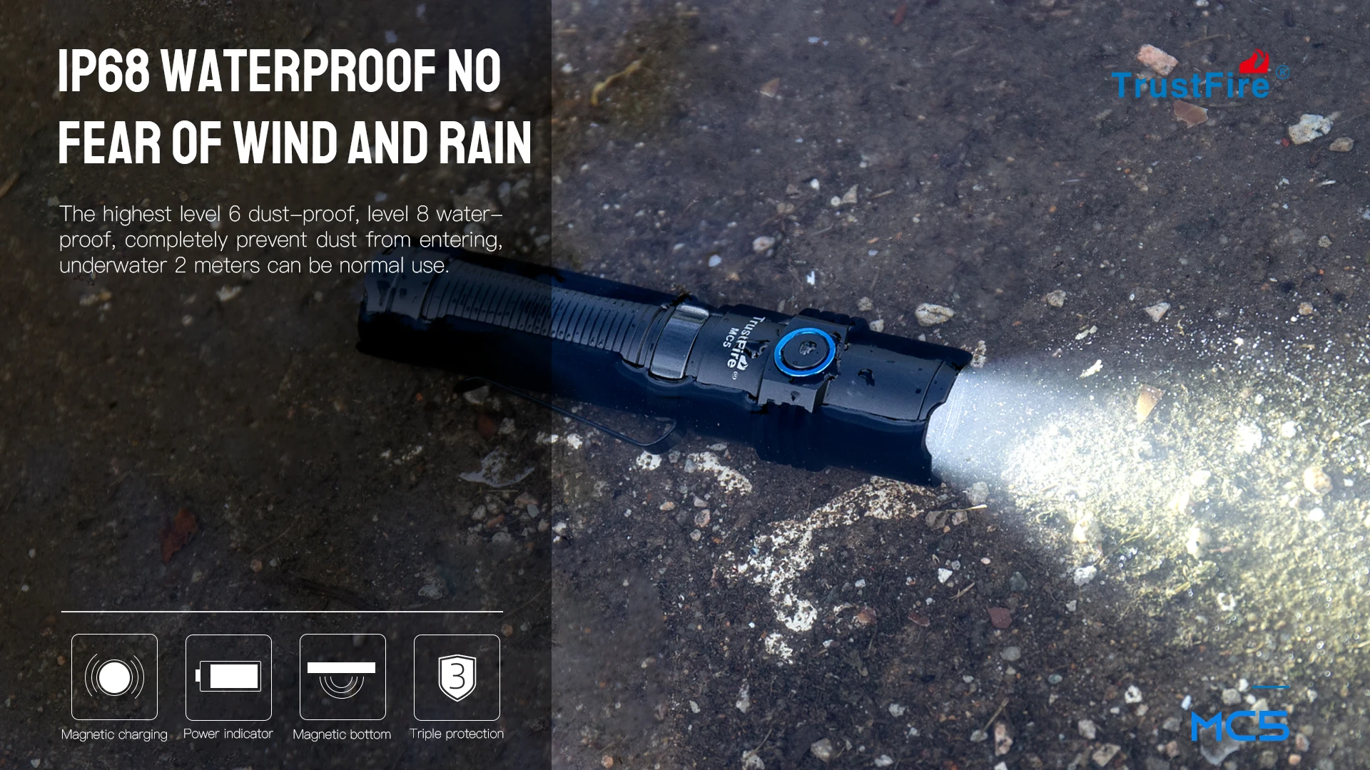 Trustfire MC5 LED Flashlight 3300Lumen Rechargeable Lamp EDC 21700 Battery Torchs with Magnetic USB Charging and Power Indicator