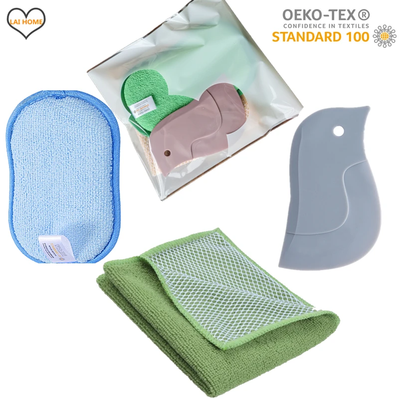 3 PCS kitchen cleaning tool set pot dish remove oil silicone scraper+Antibacterial scrub sponge+Foaming net rag microfiber cloth