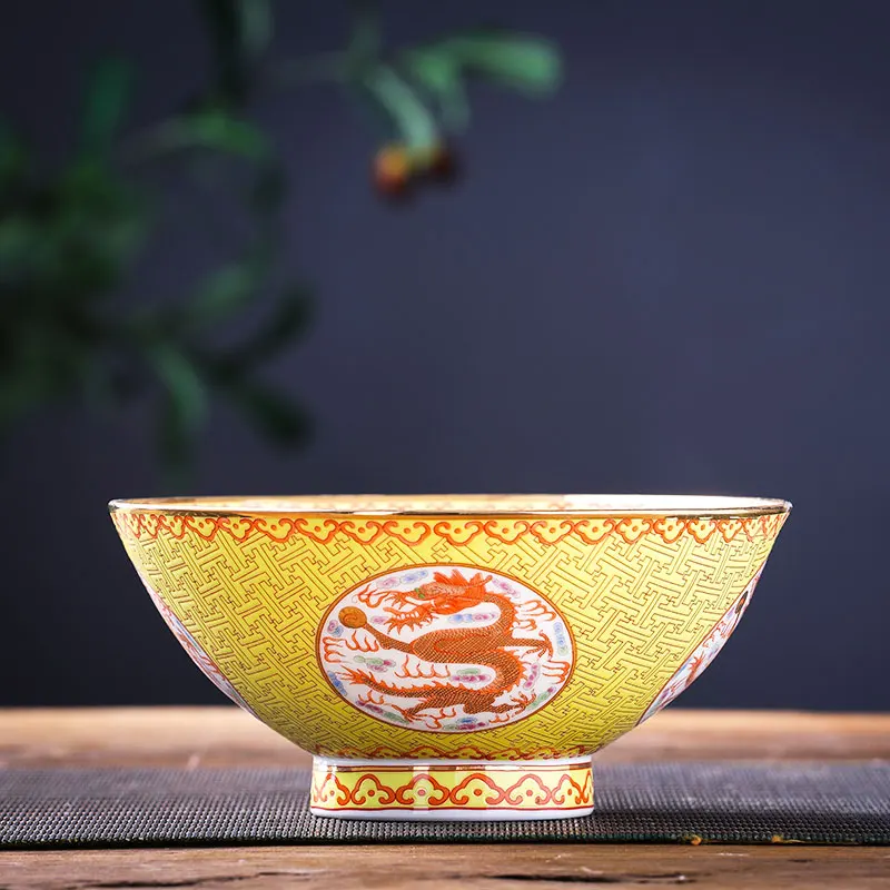 Jingdezhen Bamboo Hat Shaped Bowl Ceramic  Rice Bowl Antique Large High Foot 7-inch Large Ramen Bowl Longevity Bowl