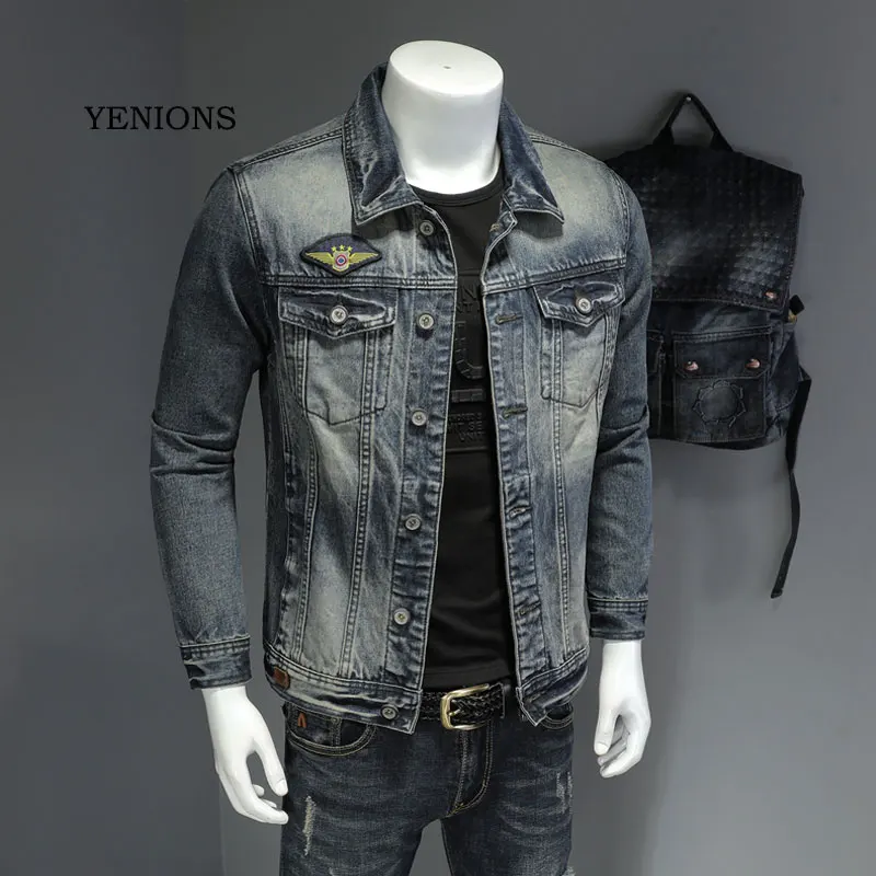 Giacca da uomo retrò in Denim colletto rovesciato in cotone distintivo manica lunga abiti Slim moto Bomber Cowboy Jeans cappotto marca maschile