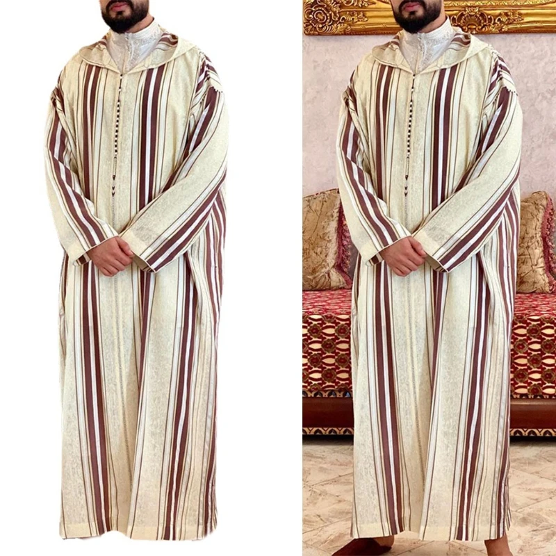 Muslim Dresses for Mens Long Sleeve Stripes Dubai Shirt Kaftan Thobe Robe Gown Straight Leisure Race Style Clothing
