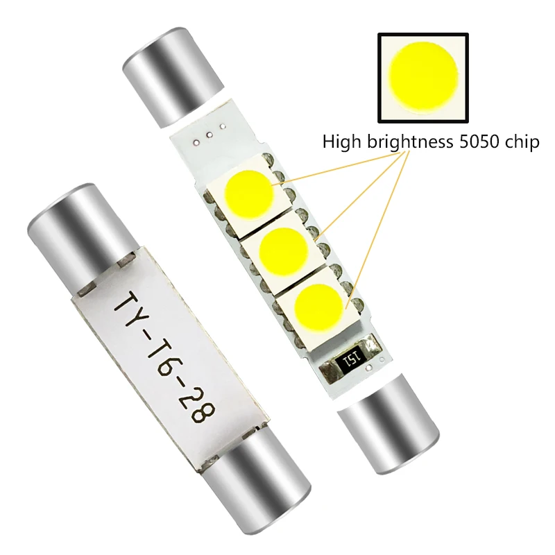 100pcs Flood Festoon Dome T6.3 28mm 31mm 3 SMD 5050 LED 3smd Light Bulb Car Vanity Mirror Lights Sun Visor Fuse Light White 12V