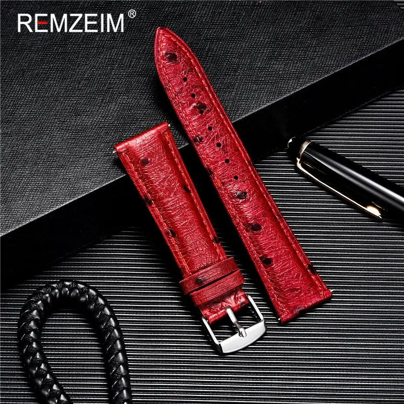 REMZEIM 18mm 20mm 22mm Watch Strap Cow Leather Vintage Ostrich Pattern Watchband Comfortable To Wear Quick Release Straps