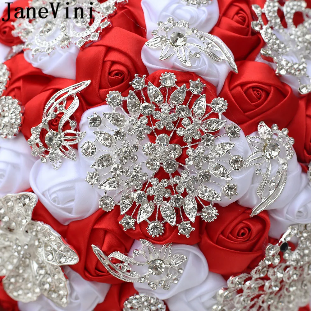 Buquê de noivas em estilo ocidental janevini, buquê de flores com strass e prata brilhante, buquê de casamento vermelho e branco personalizado, buquê de cetim