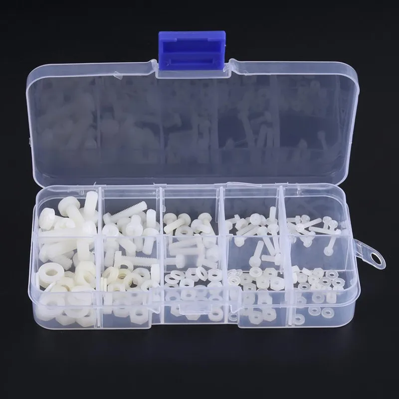 150pcs M2 M2.5 M3 M4 Nylon Screws Bolts Nuts Washers Assortment Kit Fastener Hardware With Box