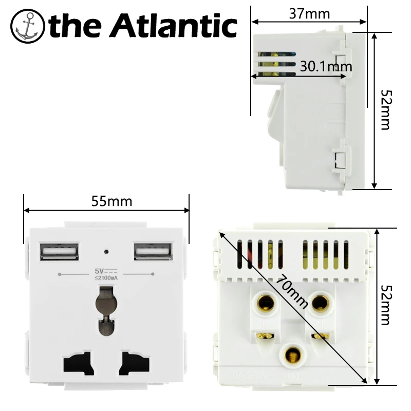 S Series- Universal Power Socket Dual USB Ports 10A 3 Pin Module Function Module DIY Free Combination Outlet Grounded 4 Colors