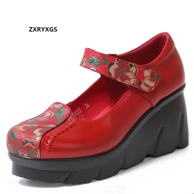 2023 Spring New Chinese Style Women\'s Shoes Classic Printing Genuine Leather Shoes Platform Wedges High Heels Heighten Shoes