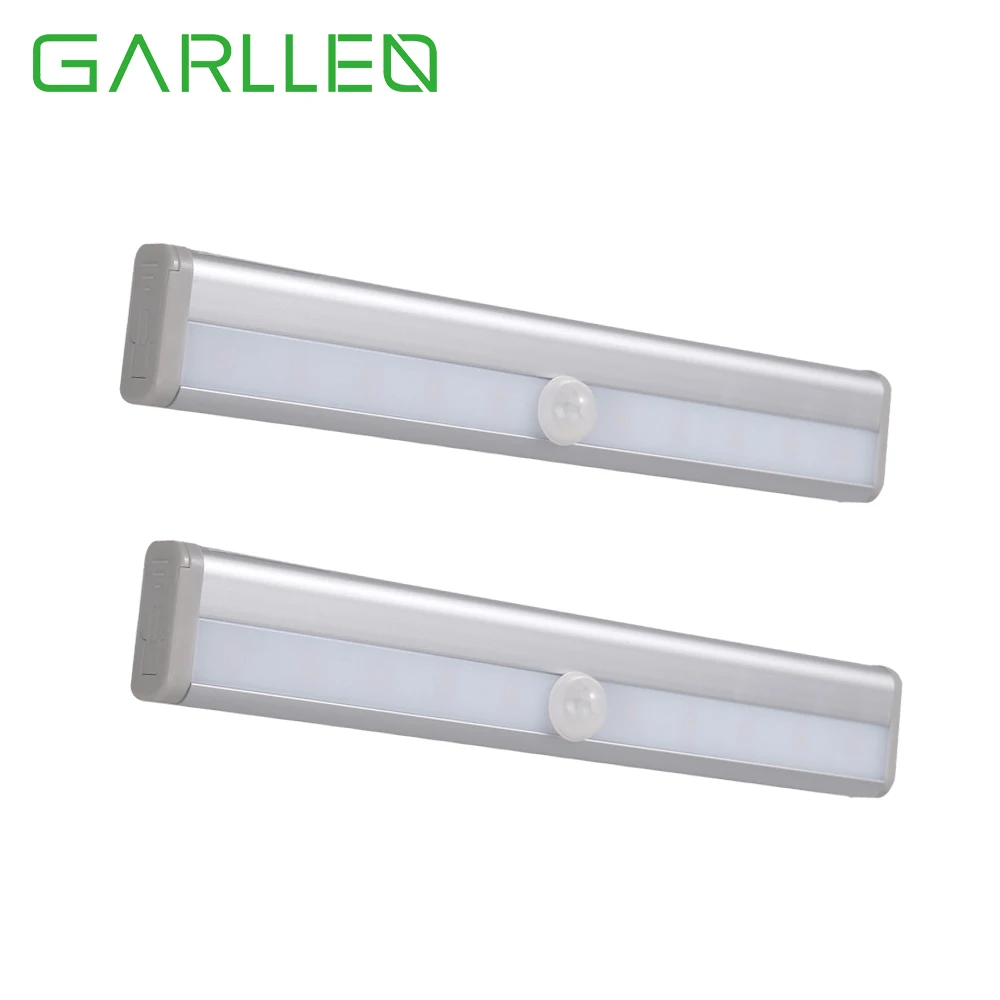 GARLLEN 2Pcs 10 LED PIR Motion เซนเซอร์อัตโนมัติ Detector Night Light แถบแม่เหล็กสีขาวตู้เสื้อผ้า Light แบตเตอรี่ดำเนินการ
